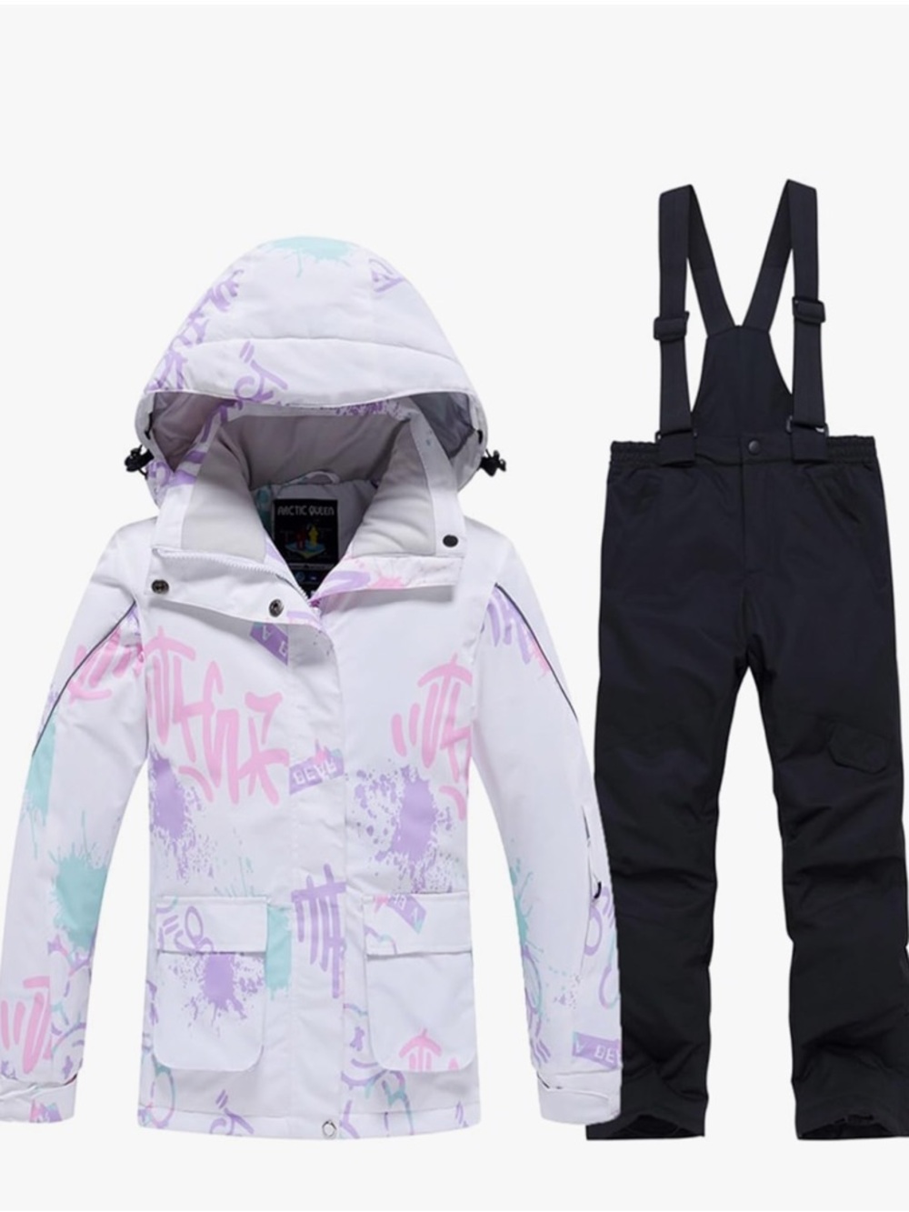 Girls' White Pastel Print Ski Jacket & Black Bib Pants Set